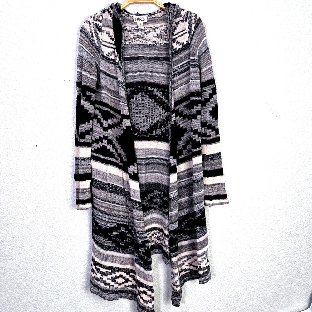 Mudd Womens‎ S Hooded Longline Cardigan Southwestern Geometric Gray Black Boho